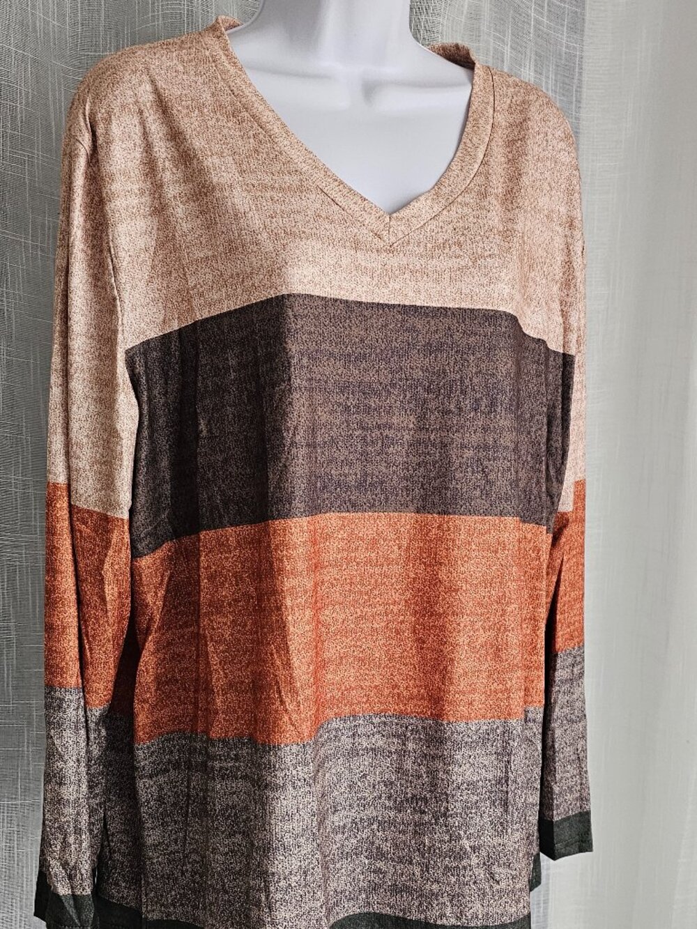 Women's Long Sleeve Polo Shirts Casual Color Block V Neck Tops Brown Size 2XL N